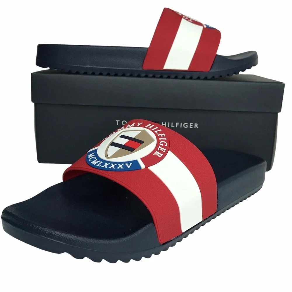 Tommy Hilfiger Mens Reboot Pool Slide Sandals Red Navy Blue Slip‎ On size 10